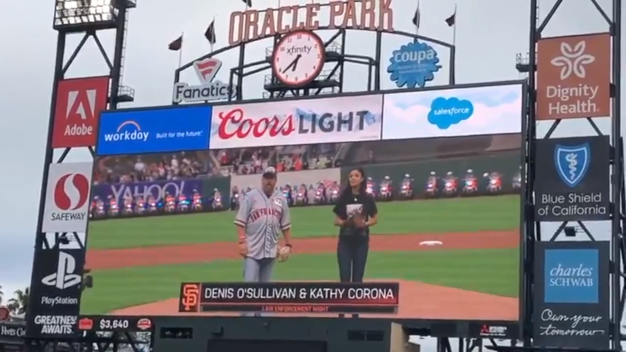 Family of fallen officers Tara O’Sullivan, Natalie Corona throw 1st pitch at Giants game
