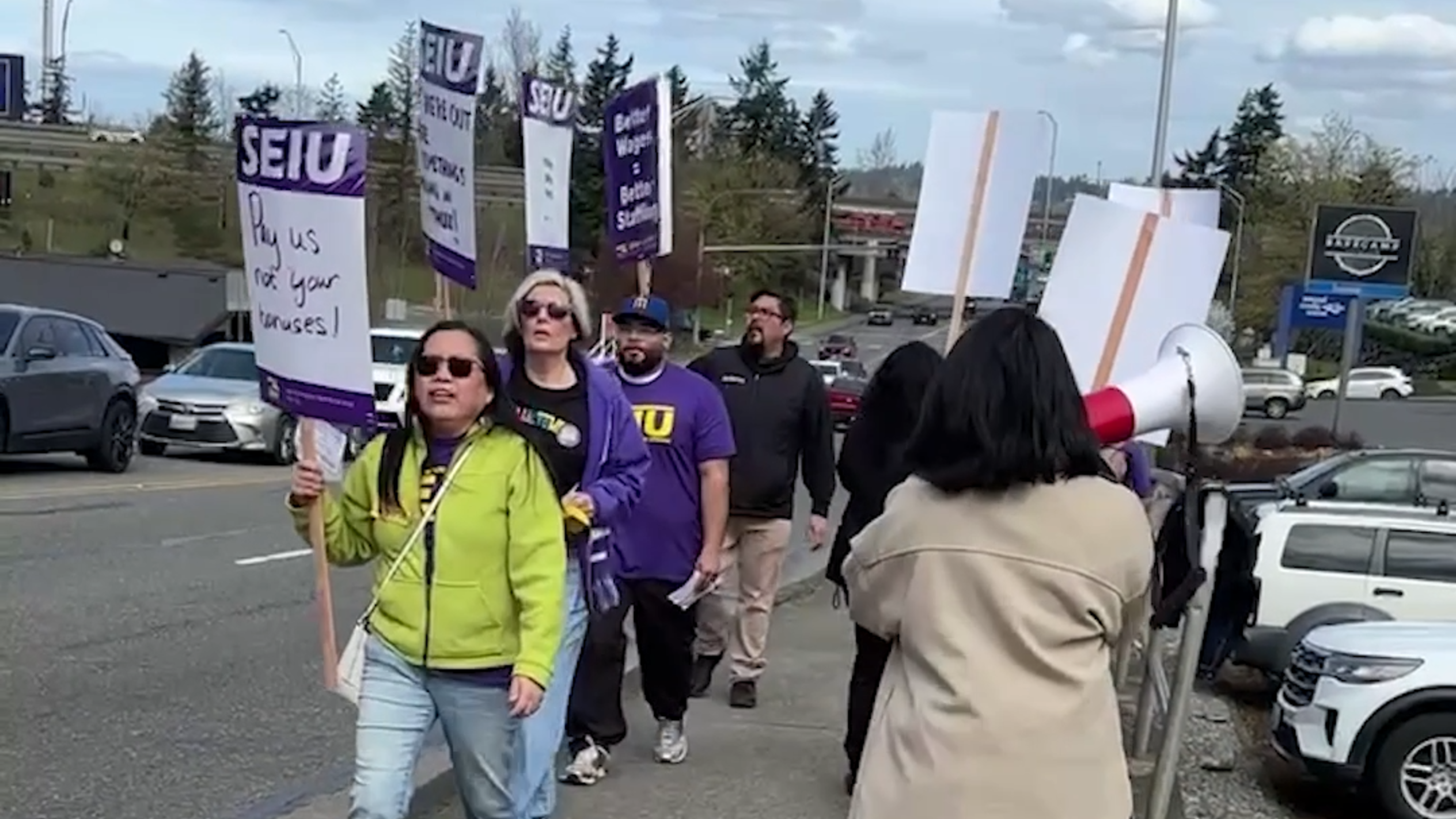 Staff picket outside Good Sam Hospital in Puyallup. ‘Patients need our help.’
