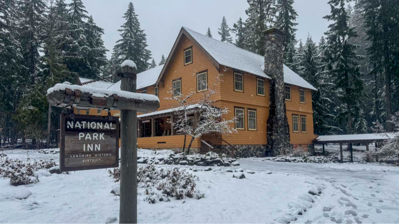 Surprise snowfall at the National Park Inn