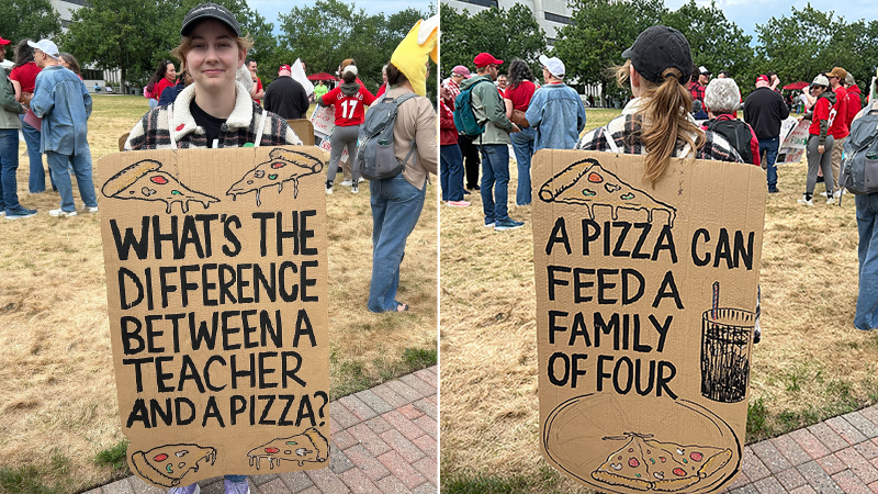 Teachers show creativity in protest signs at May Day rally
