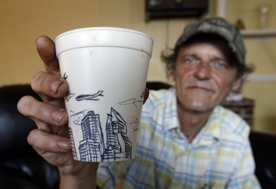His canvas is Styrofoam cups. And his studio is wherever he can find space.