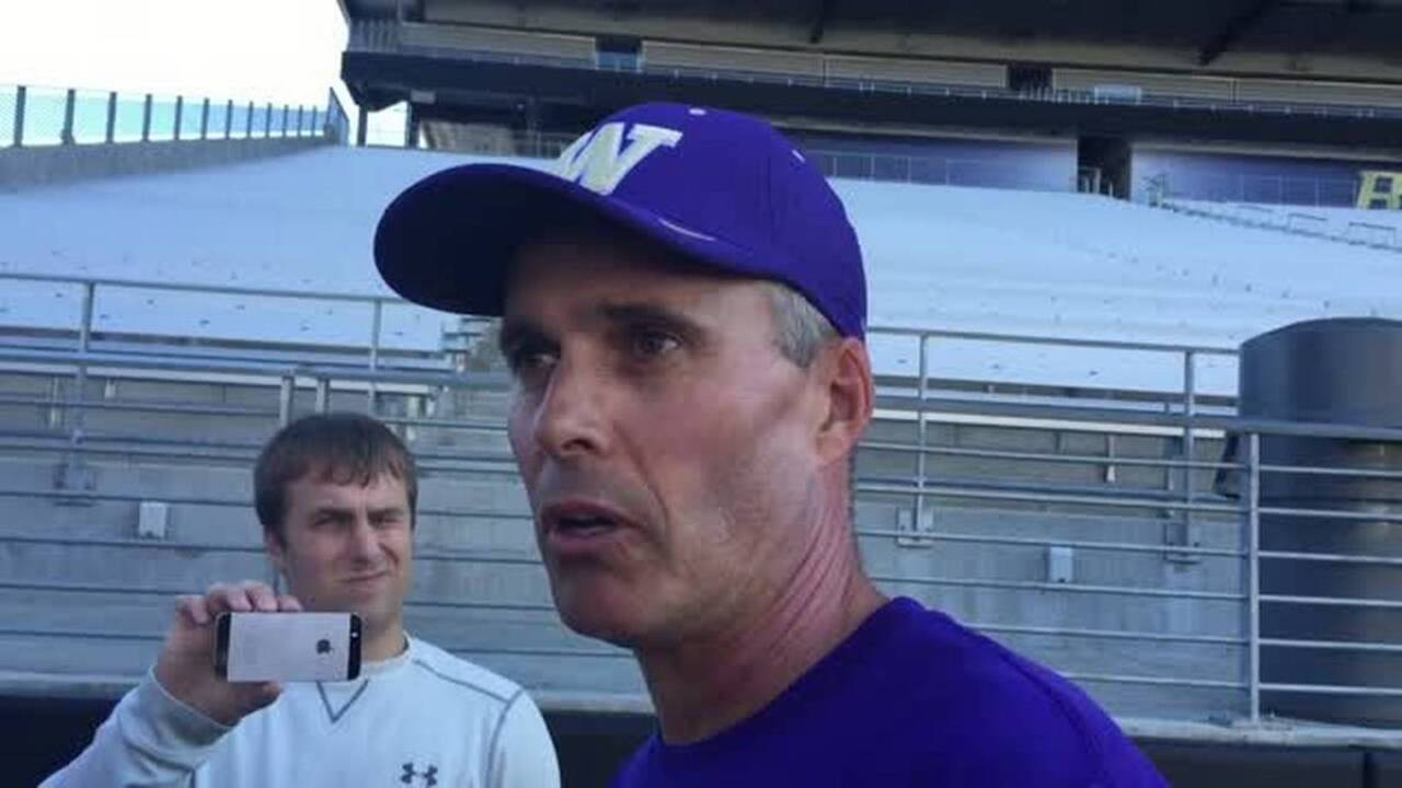 Chris Petersen talks after Day 3 of UW fall camp