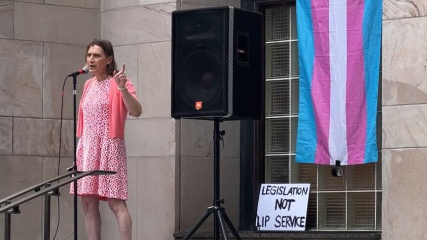 Bellingham transgender community members and allies rally for protections outside City Hall