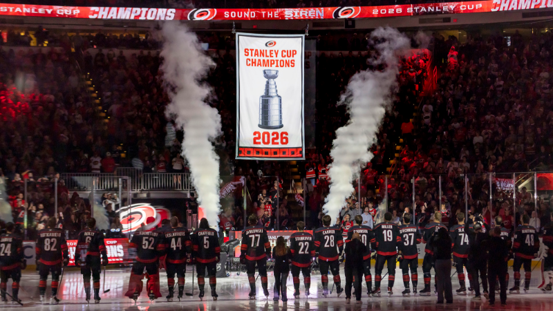Carolina Hurricanes hang their Stanley Cup banner to open the regular season