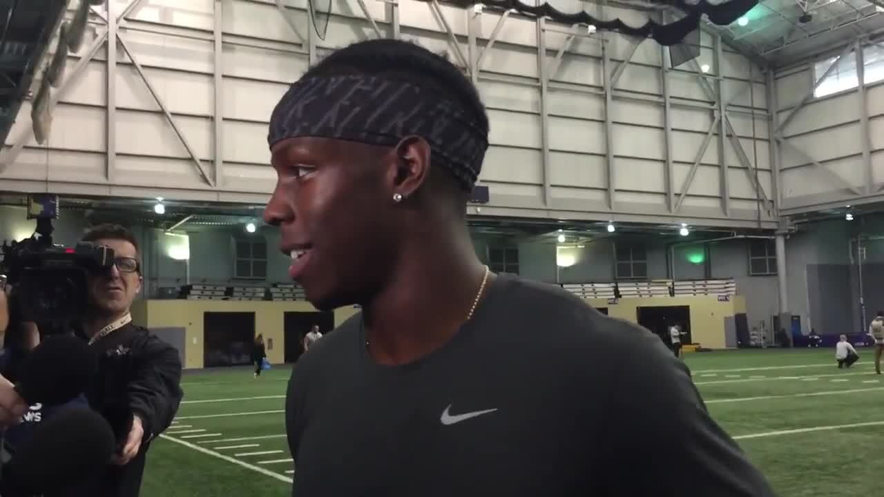 Huskies wide receiver John Ross talks at UW Pro Day