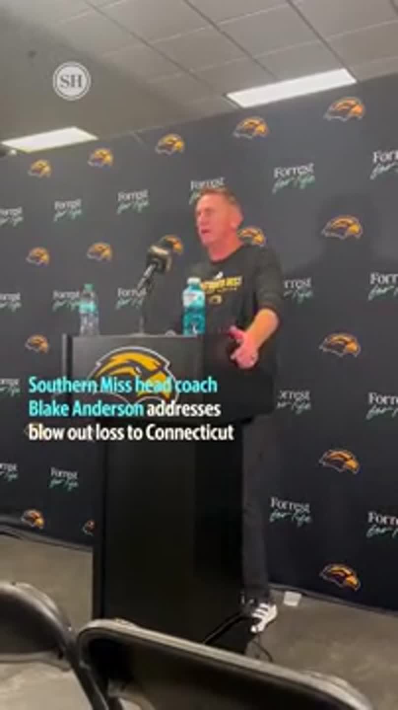 Southern Miss head coach Blake Anderson addresses the media after blowout loss to UConn