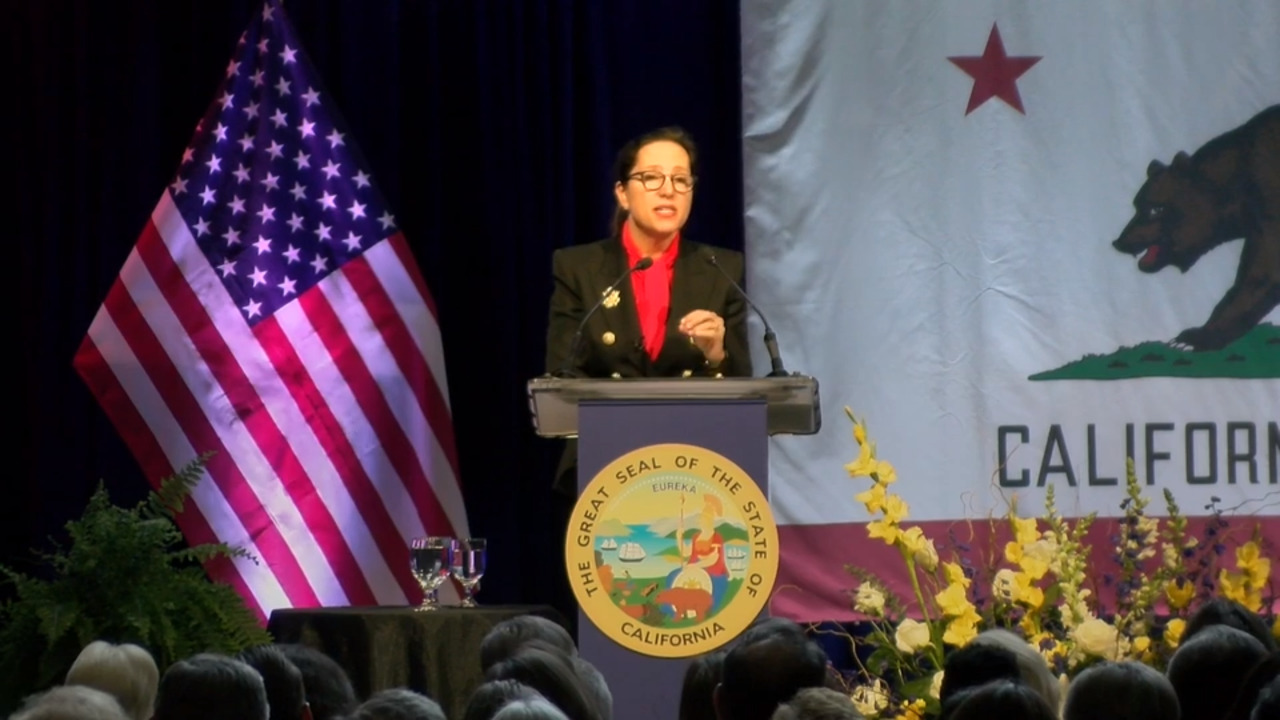 Eleni Kounalakis speaks after being sworn in as Lieutenant Governor of California