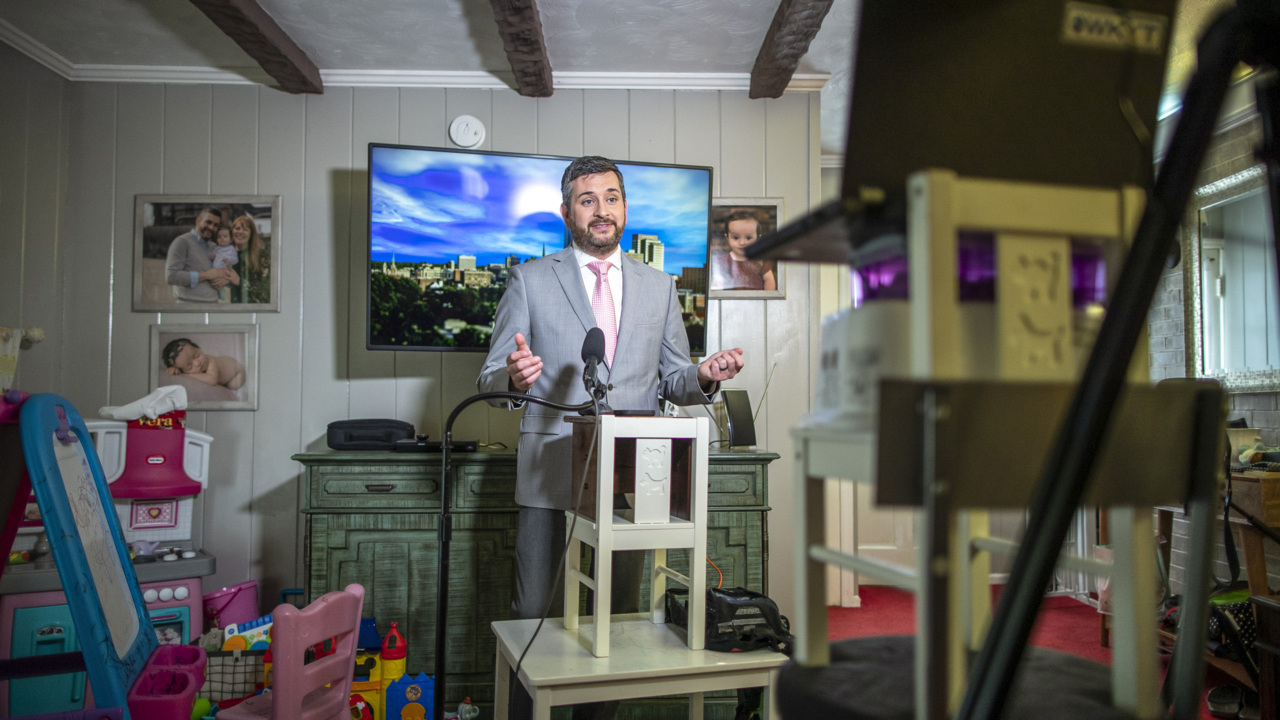 TV news anchors swap studio for home
