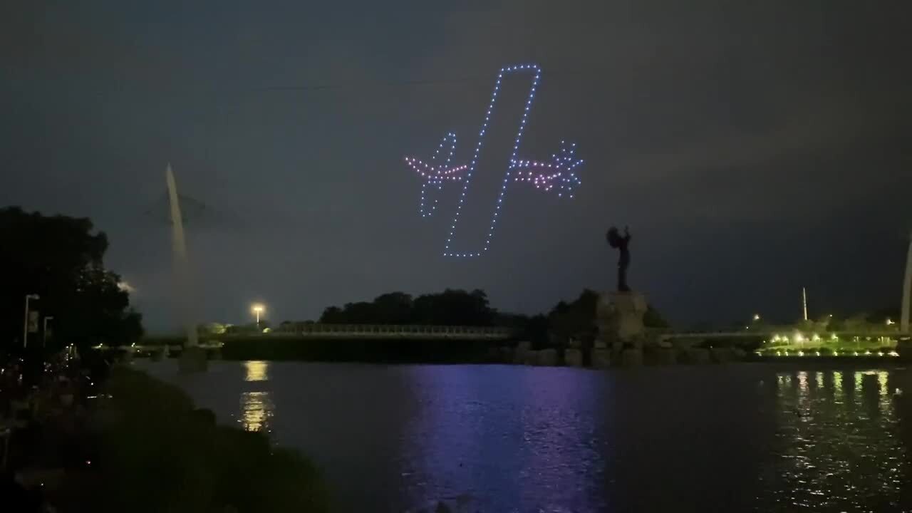 Drone light show over the Arkansas River in Wichita