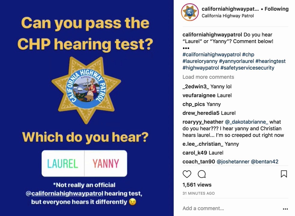 Do you hear Laurel or Yanny?  CHP audio tests your hearing and maybe your friendship