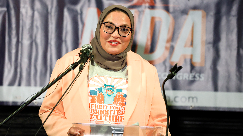 Nida Allam speaks to supporters late in the evening of election day