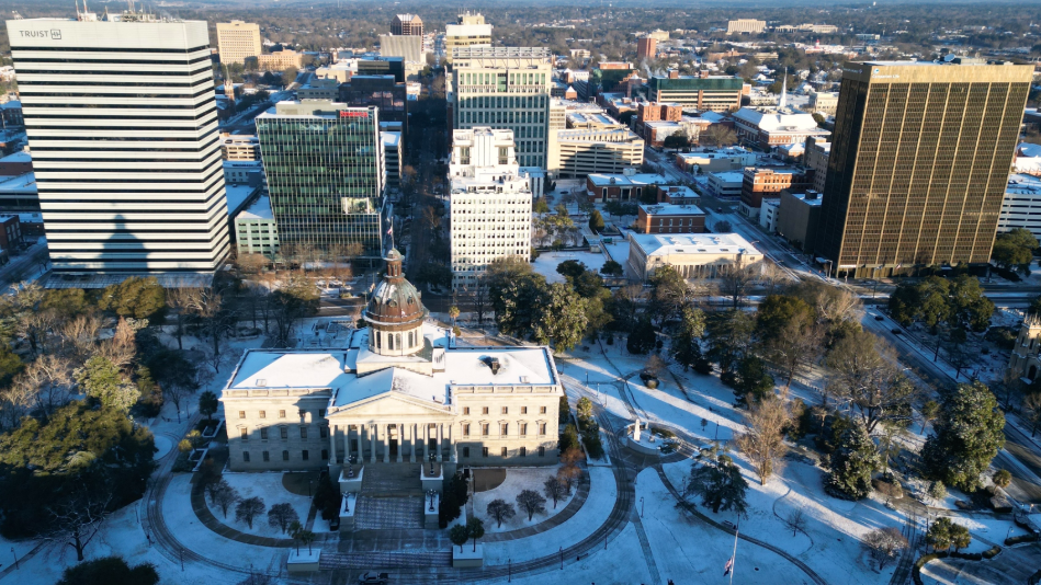 Drone video: Snow blankets terrain in Columbia, SC