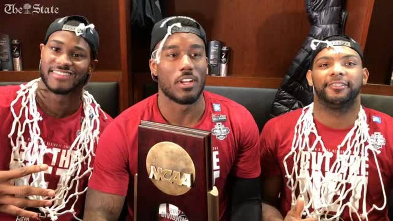 South Carolina basketball seniors celebrate with NCAA regional trophy