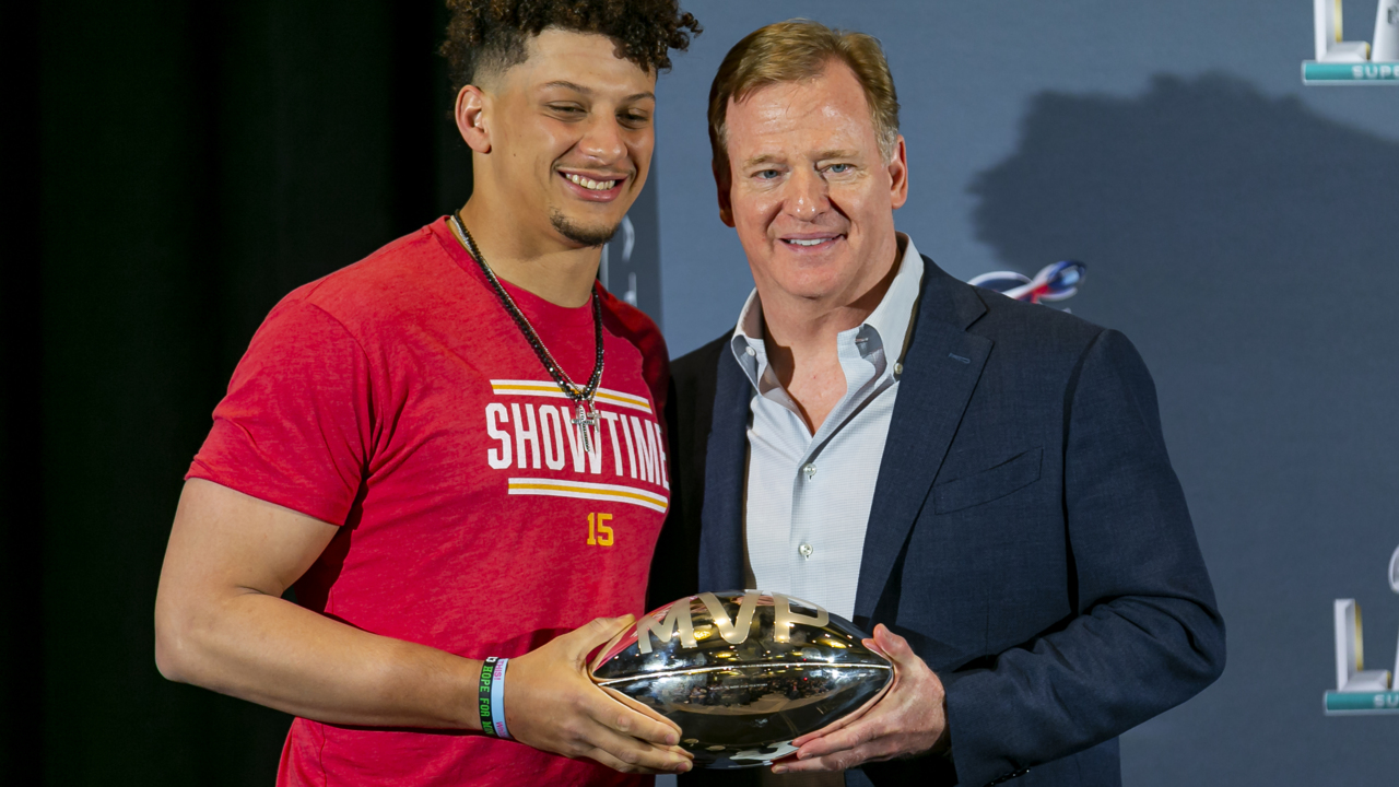 Patrick Mahomes speaks to the press after winning Super Bowl 54