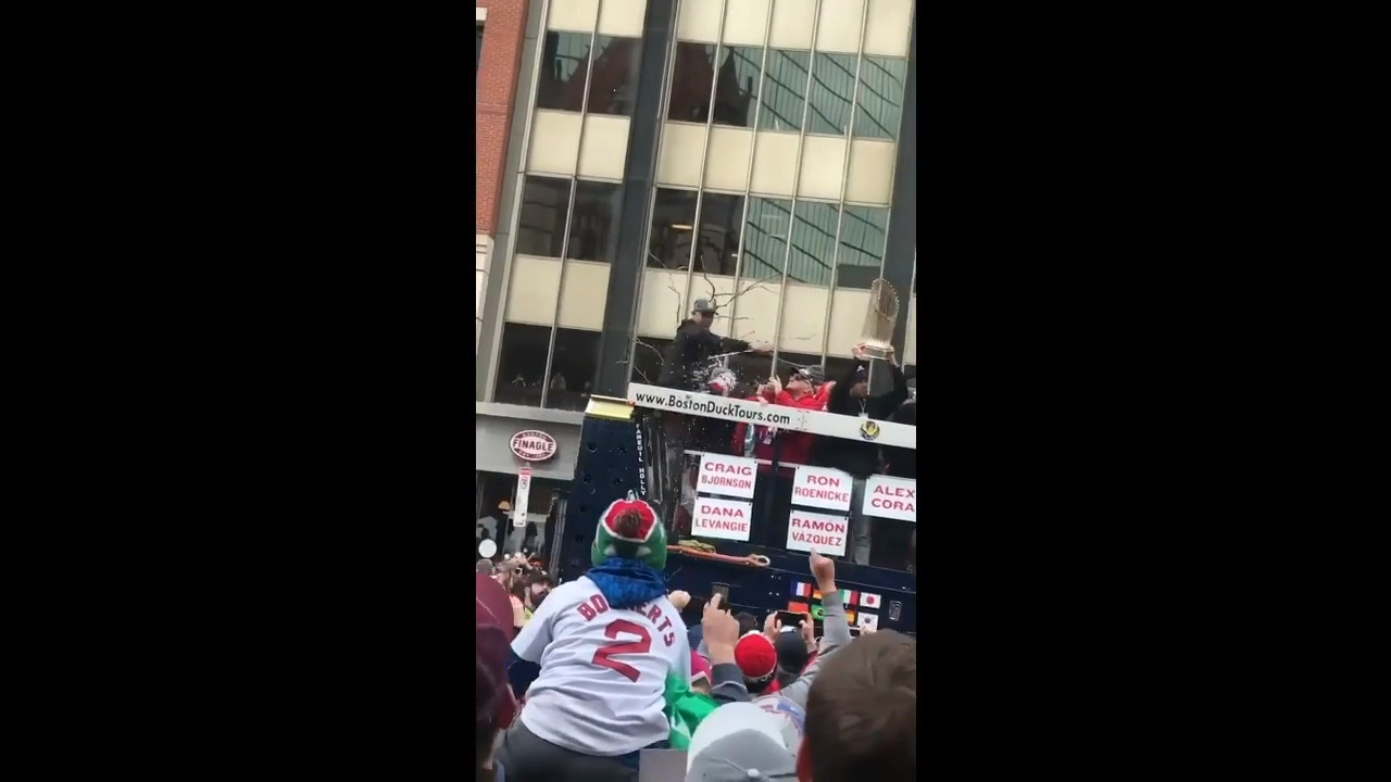 Fan throws beer at Red Sox manager during World Series Parade