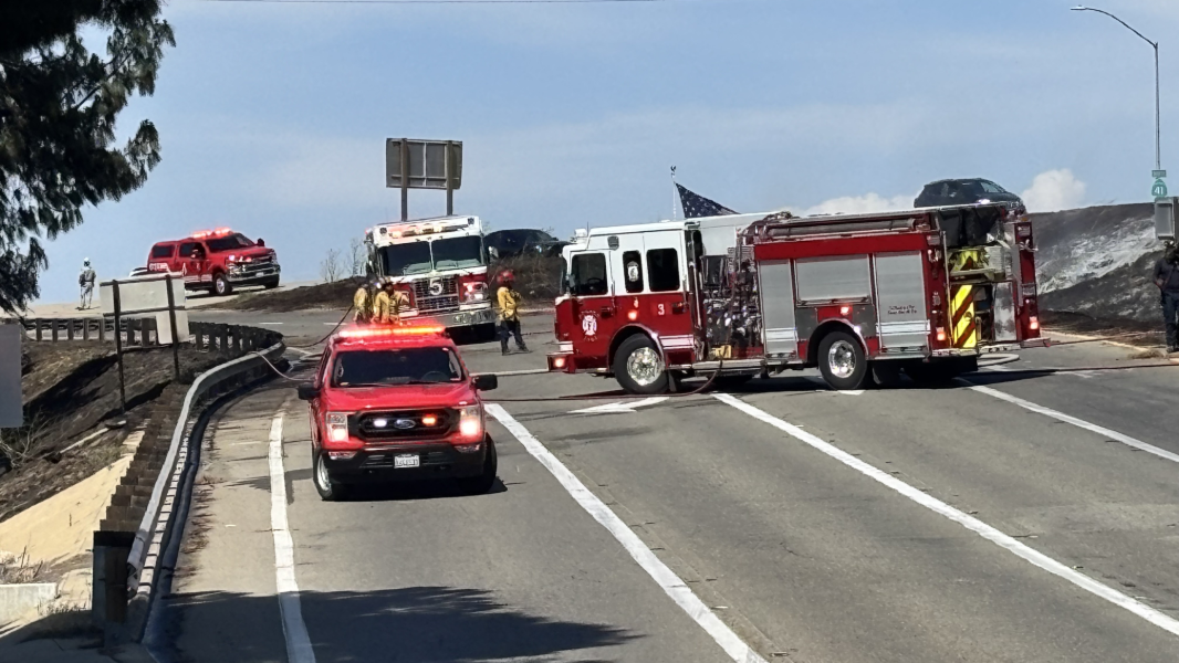 Crews battled a blaze along Highway 41 in Fresno