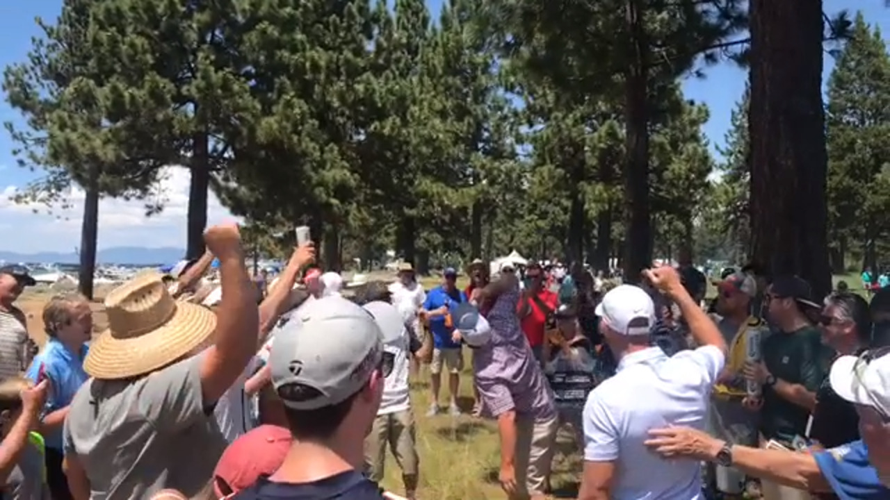Watch 49ers kicker Robbie Gould cheer on a beer-chugging fan during celebrity golf tournament