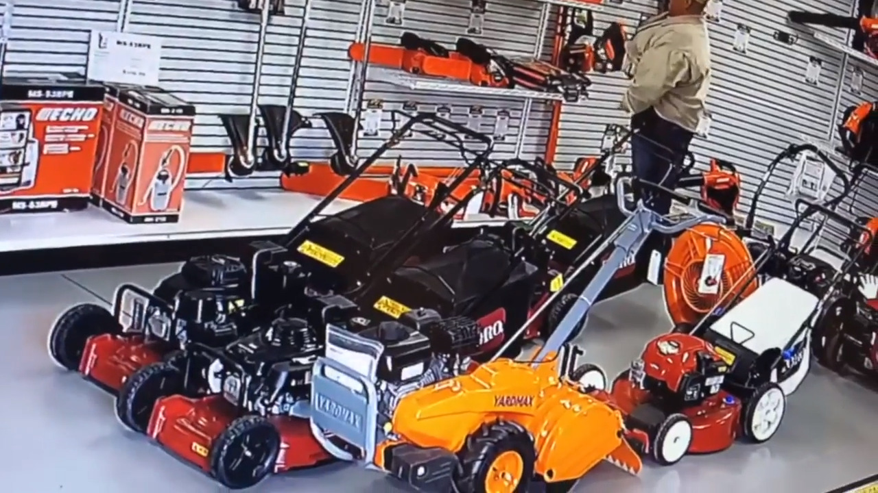 Watch man stuff chainsaw down pants in theft from equipment shop