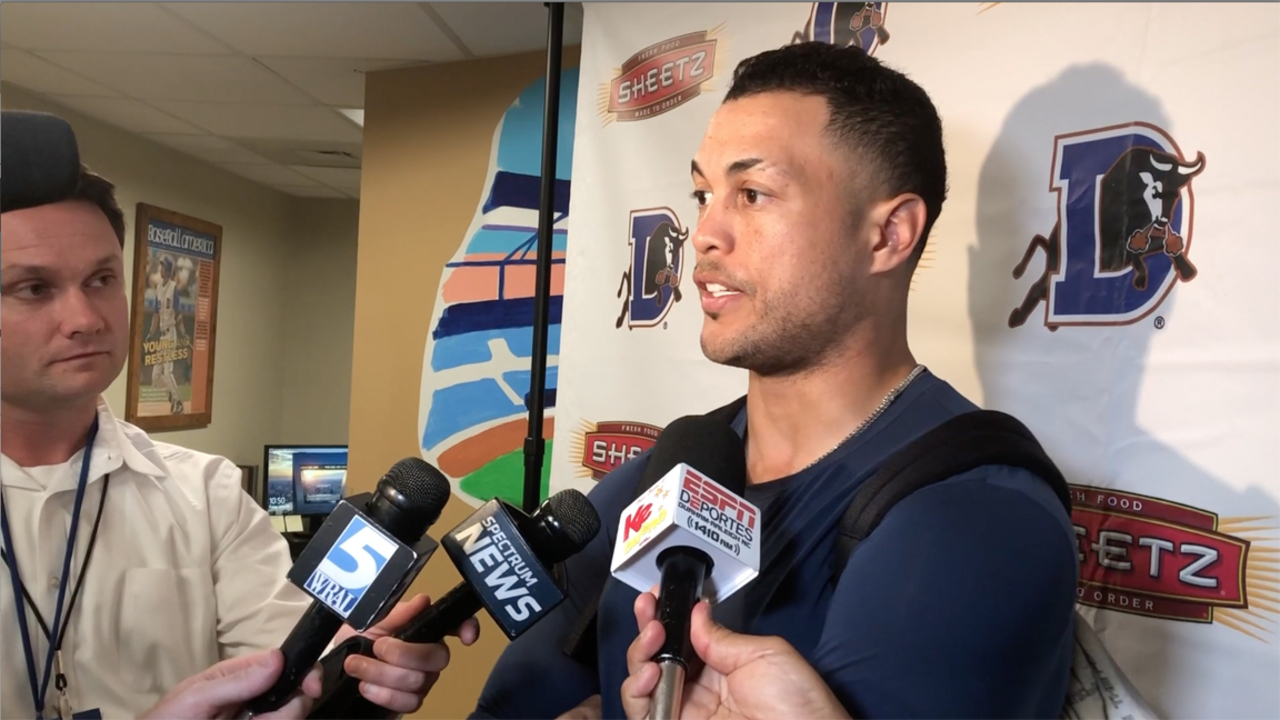 Yankees star Giancarlo Stanton talks about his injury rehab after facing Durham Bulls