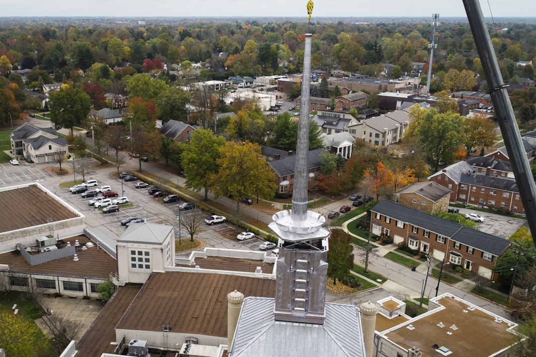 Aerial video: A new spire is installed atop the Cathedral of Christ the King