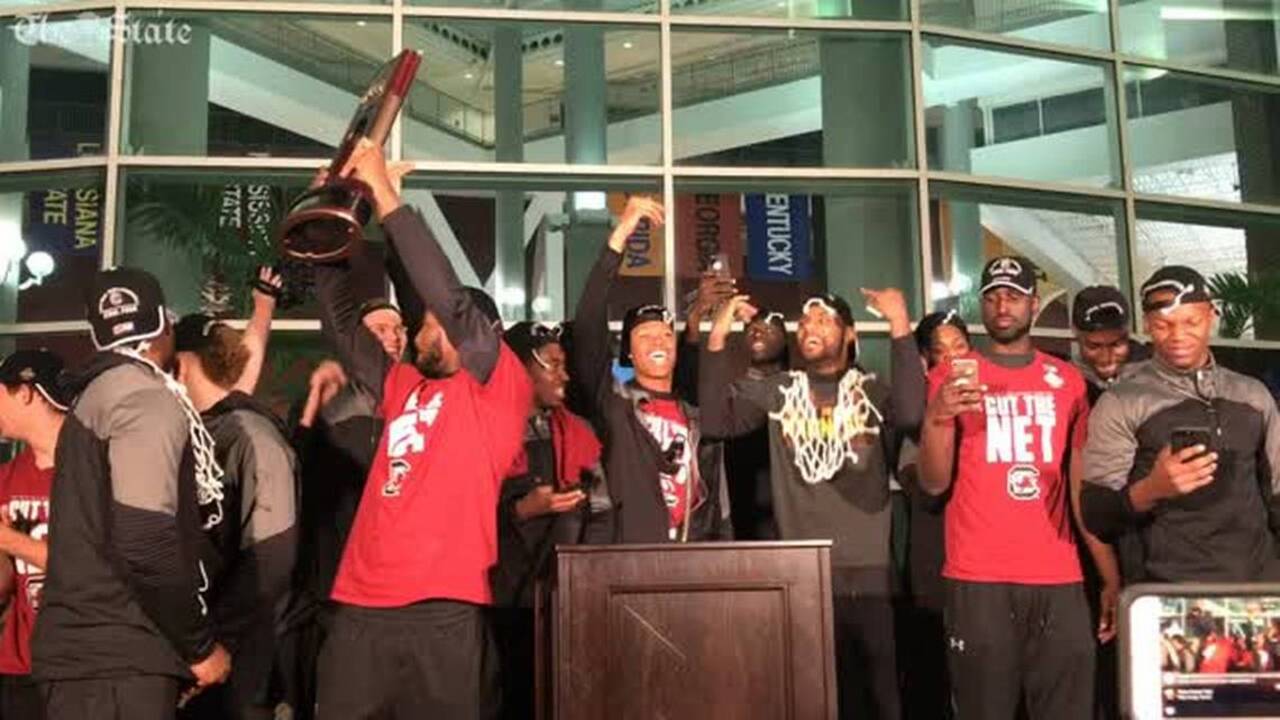 South Carolina basketball celebrates with fans in Columbia