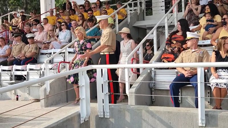 First Lady Jill Biden arrives at MCRD Parris Island for graduation ceremony