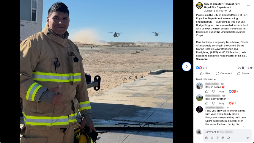 Transitioning out of Marine Corps, Beaufort firefighter dies in two-car crash