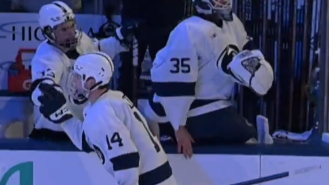 Penn State hockey celebrates their goals in the Big Ten quarterfinal win
