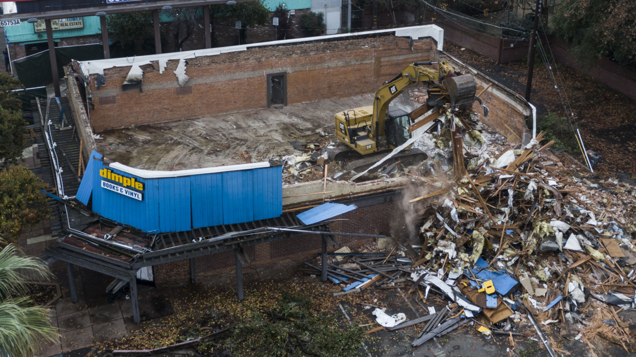 See demolition of iconic Dimple Records (and former Tower Records) site in drone video