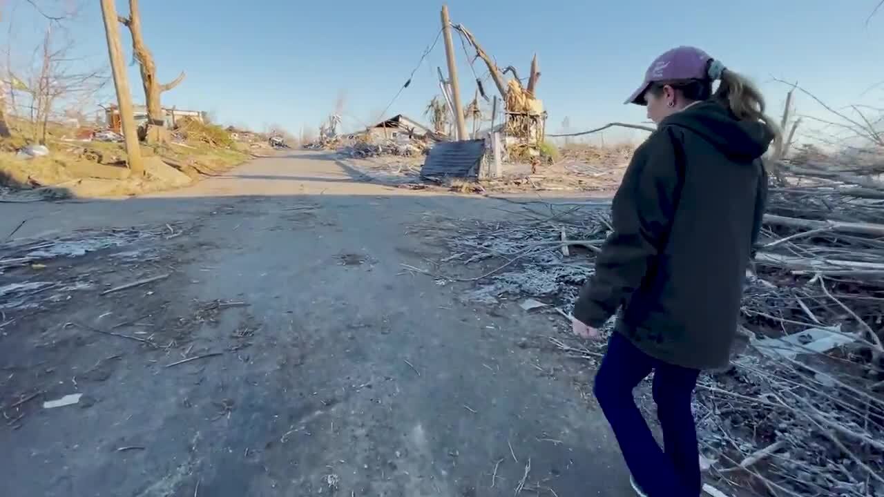 Walk along a tornado damaged East Hall Street in Dawson Springs, Kentucky
