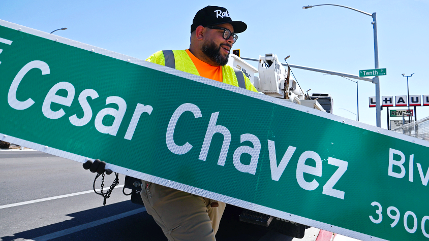 Watch as Fresno's Cesar Chavez street signs begin to be replaced Friday morning