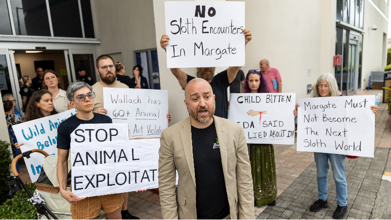 ‘Not a selfie prop’: Animal advocates protest sloth attraction in Broward