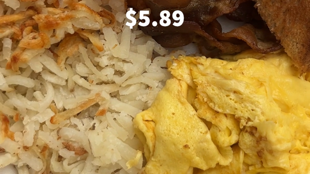 I found an eggs, bacon and hash brown breakfast with coffee for $7 in Fort Worth