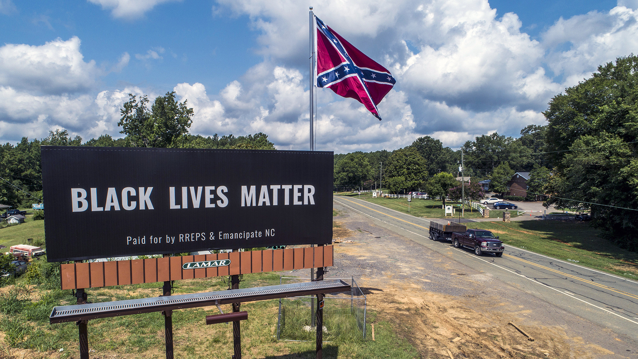 BLM billboard leaving Confederate flag site in Pittsboro. Raleigh billboard going up.