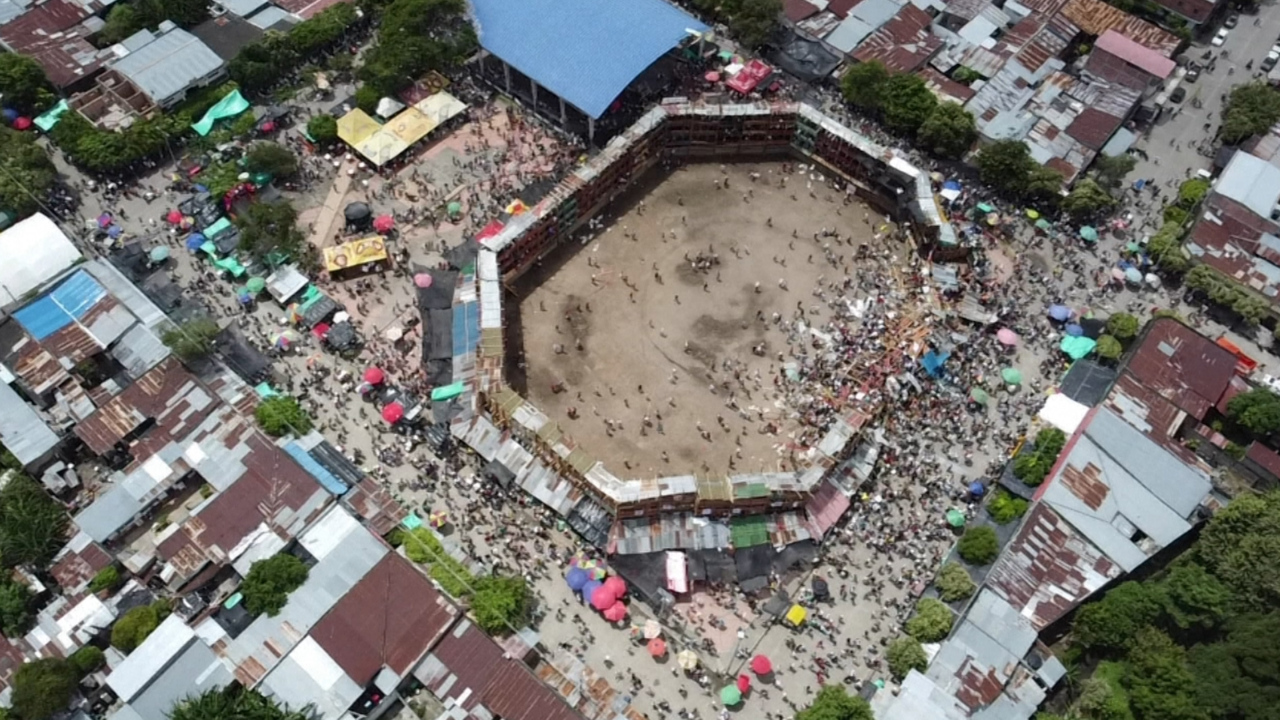 Drone video captures bullfight stand as it collapses in Colombia