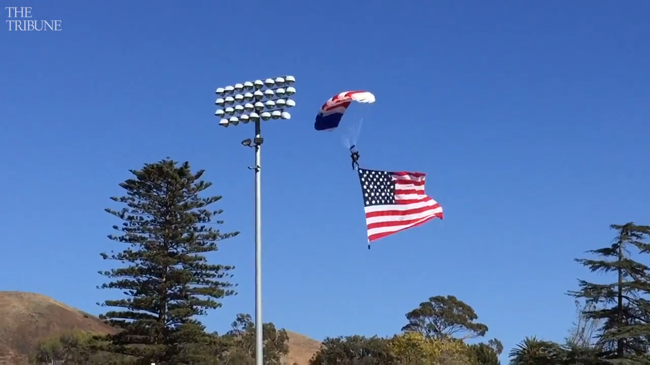 Parachutist crash lands during Cal Poly SLO football game San