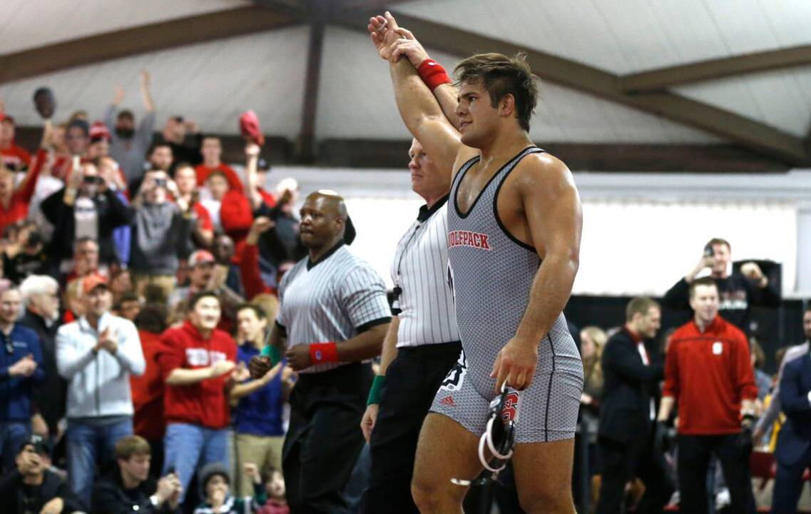 NC State’s Nick Gwiazdowski, who is 54-0 in duals, wins his last home match