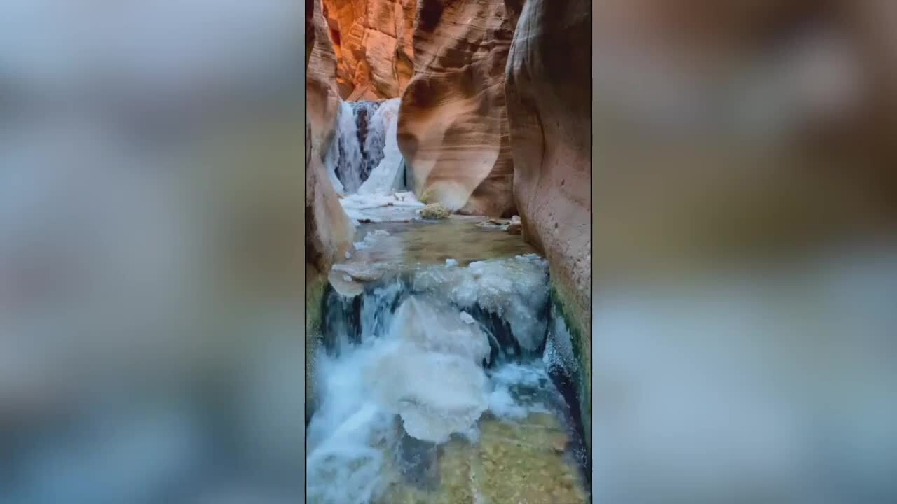 Utah waterfall partially freezes as temperatures drop
