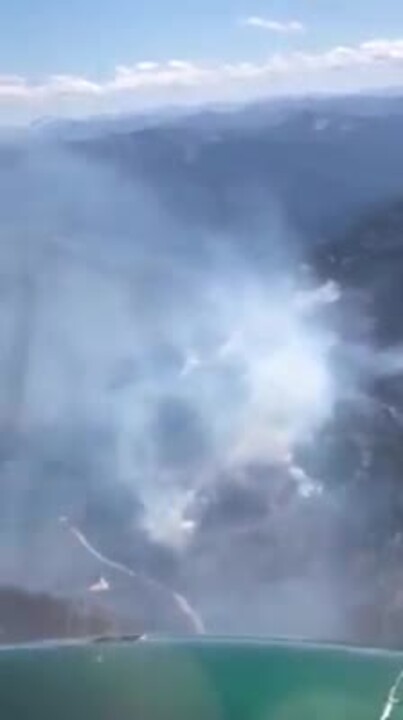 An aerial view of the Canyon Fire burning in the Boise National Forest