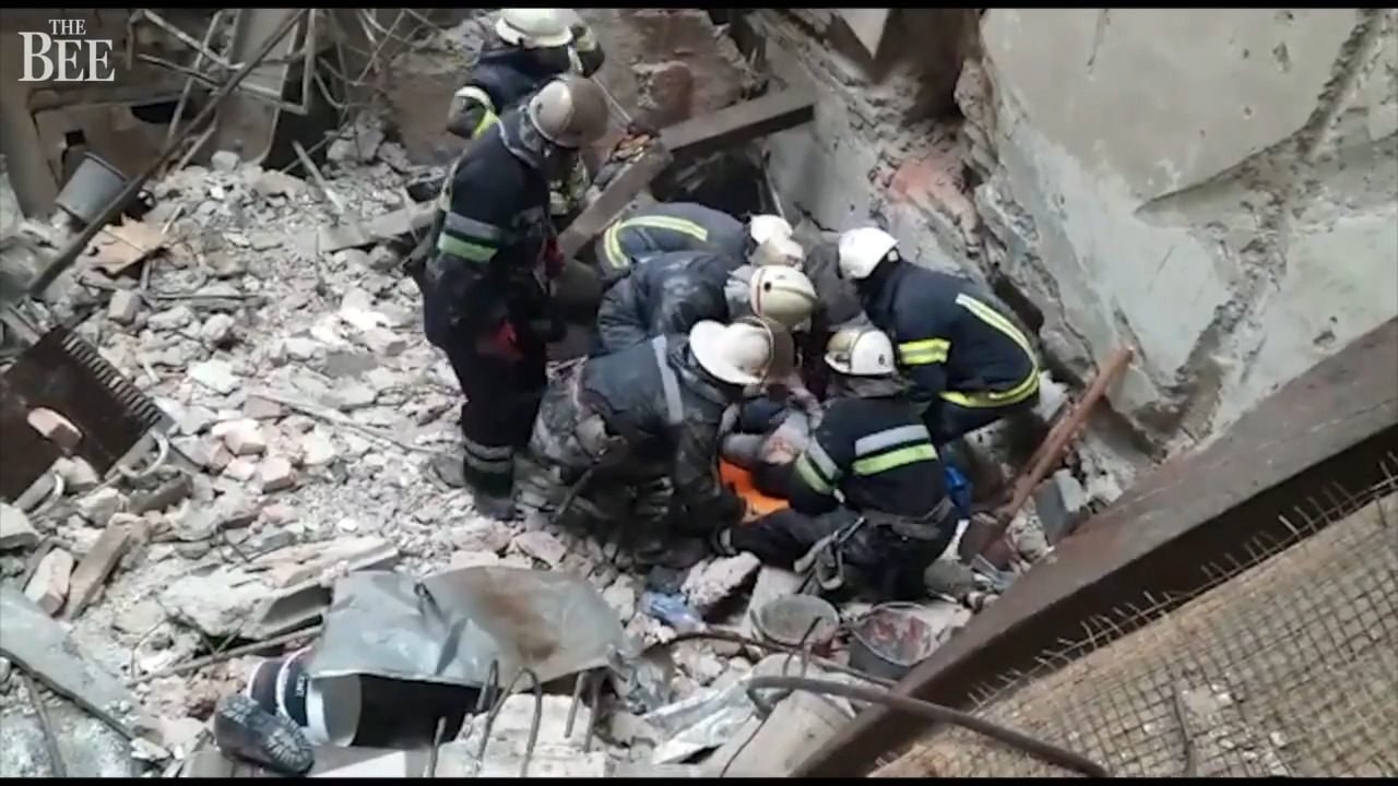 Video captures Ukraine buildings on fire, damage and person rescued from rubble