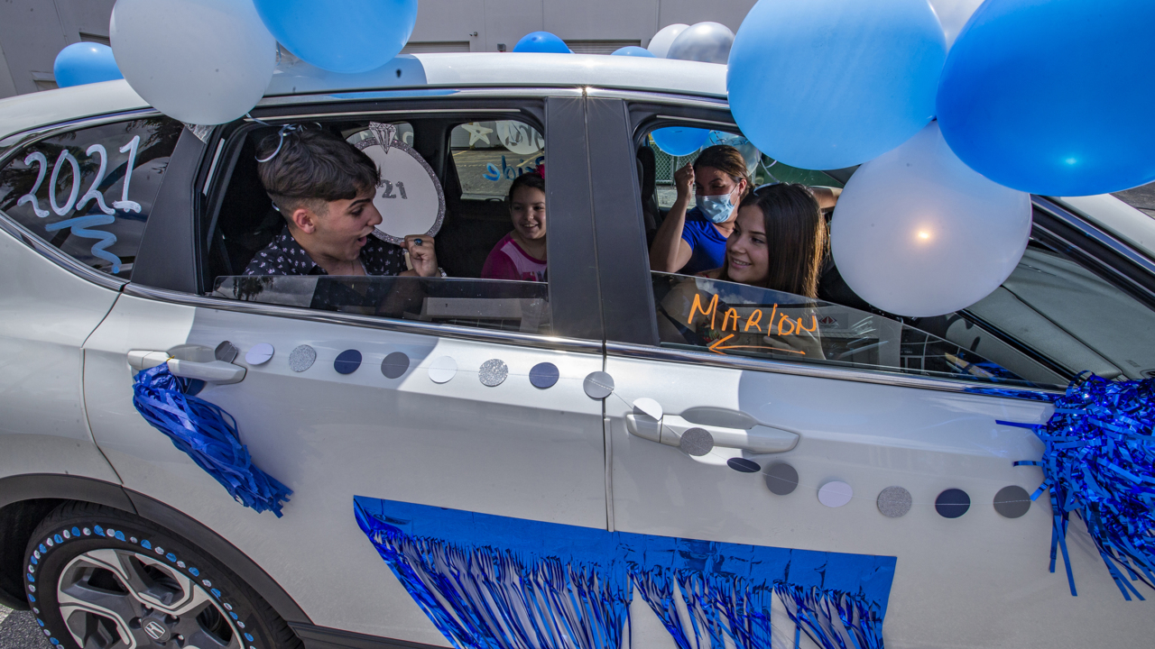 Juniors’ ring ceremonies were canceled, so red carpet was rolled out for a car parade