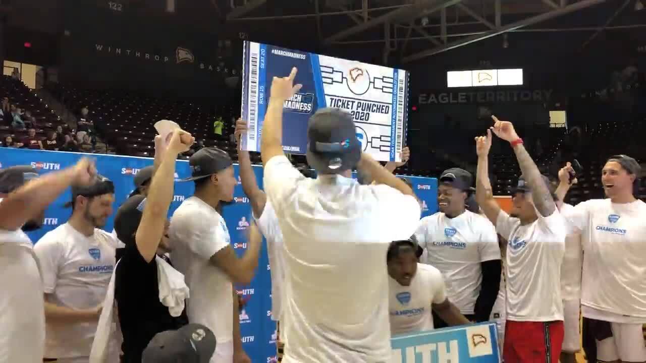 Winthrop basketball celebrates 2020 Big South title win