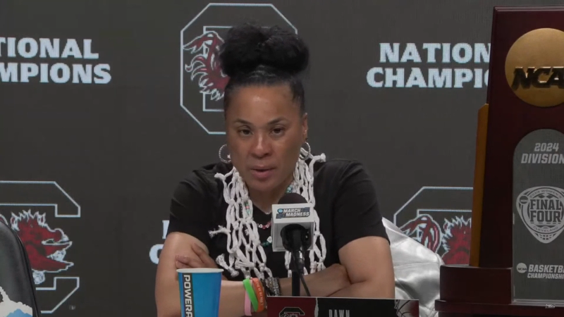 Coach Dawn Staley praises her team after winning NCAA championship