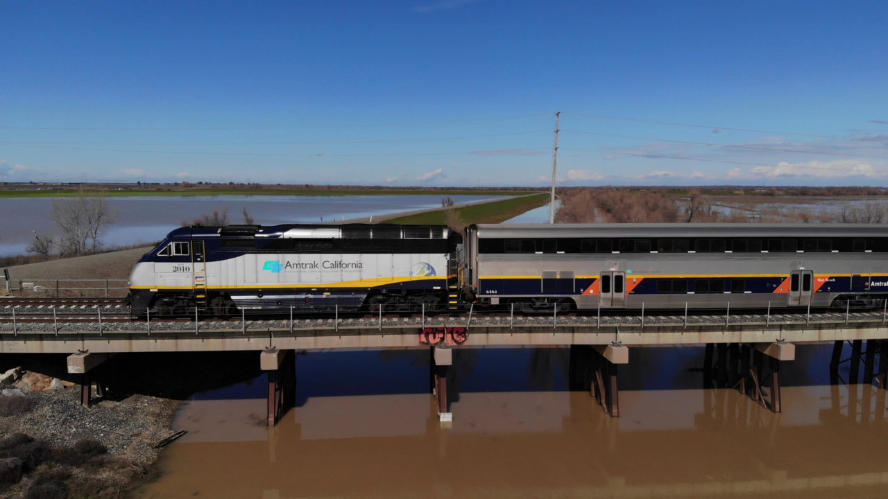 Drone flyover shows Capitol Corridor trains crossing flooded Yolo Bypass