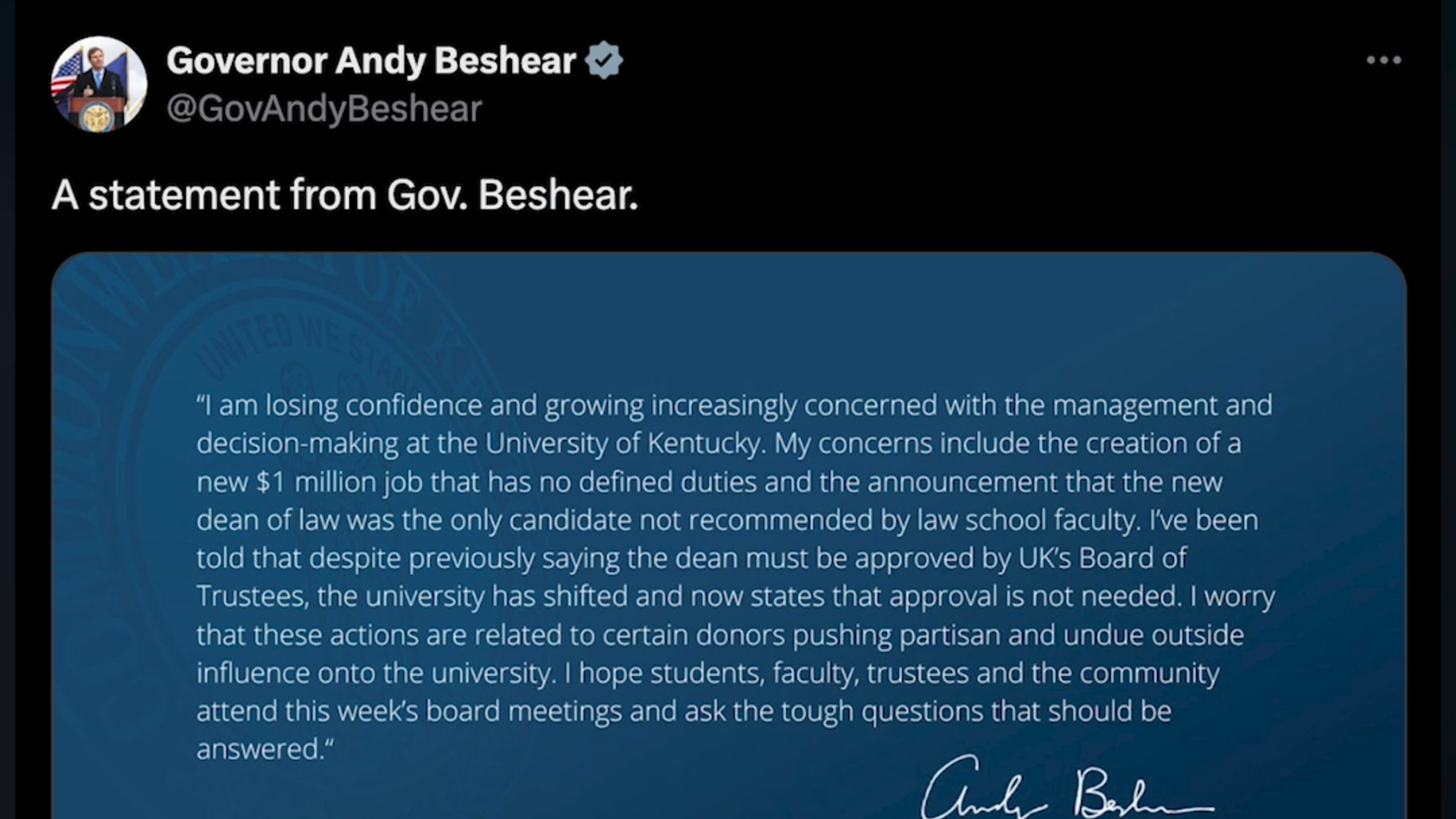 Beshear, UK at odds over College of Law dean selection