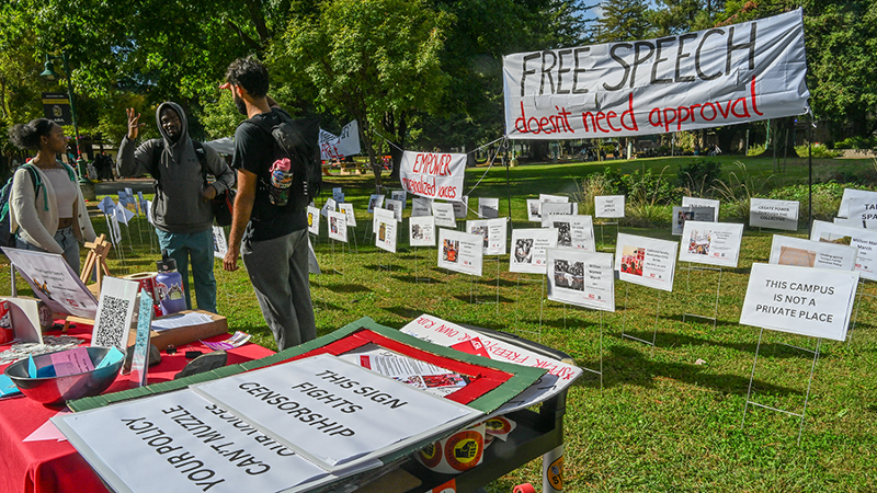 ‘Free speech doesn’t need permission.’ See Sac State faculty and students protest new policy