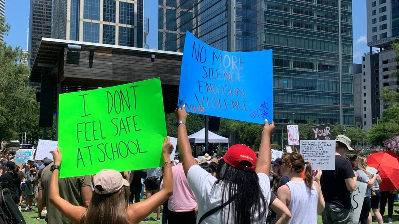 Protesters gathered outside the NRA convention in Houston on Friday ...