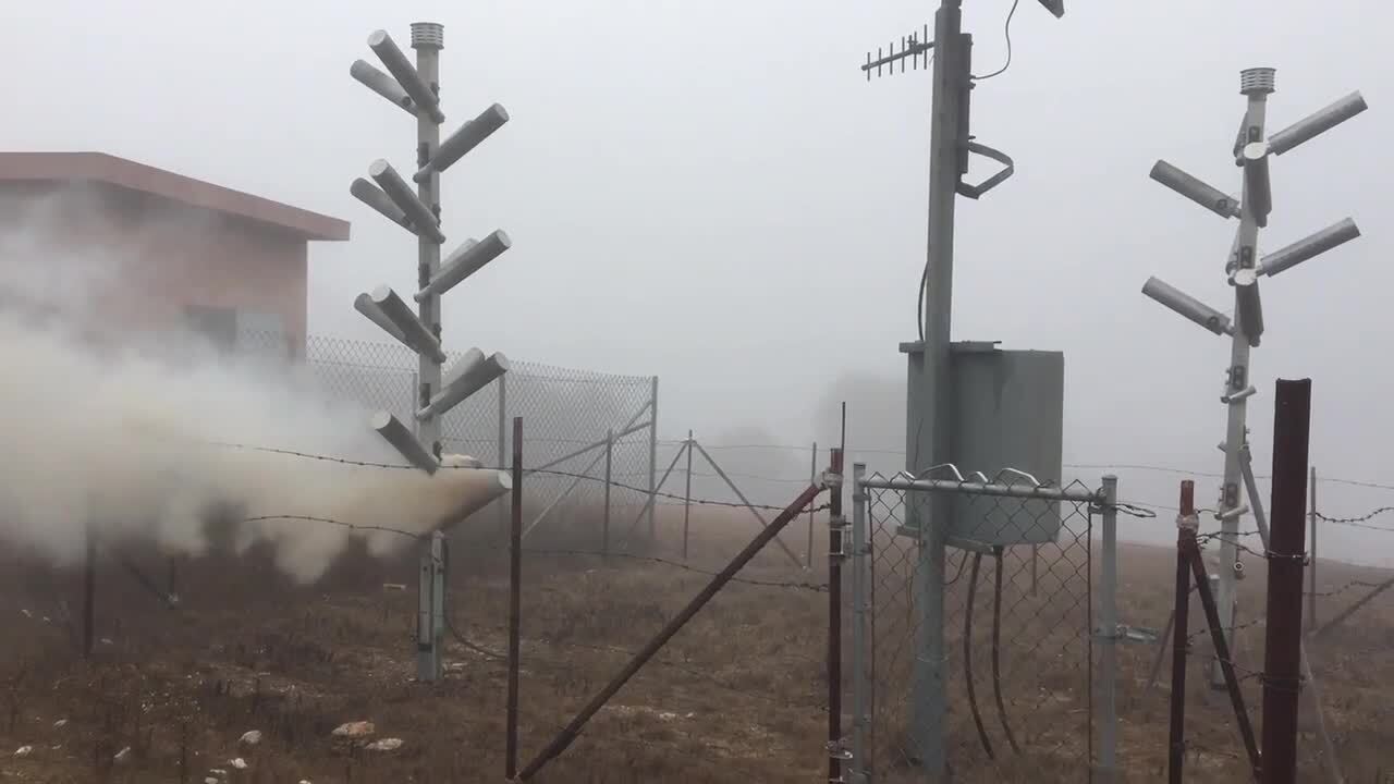 Cloud seeding cannons look like giant smoke bombs