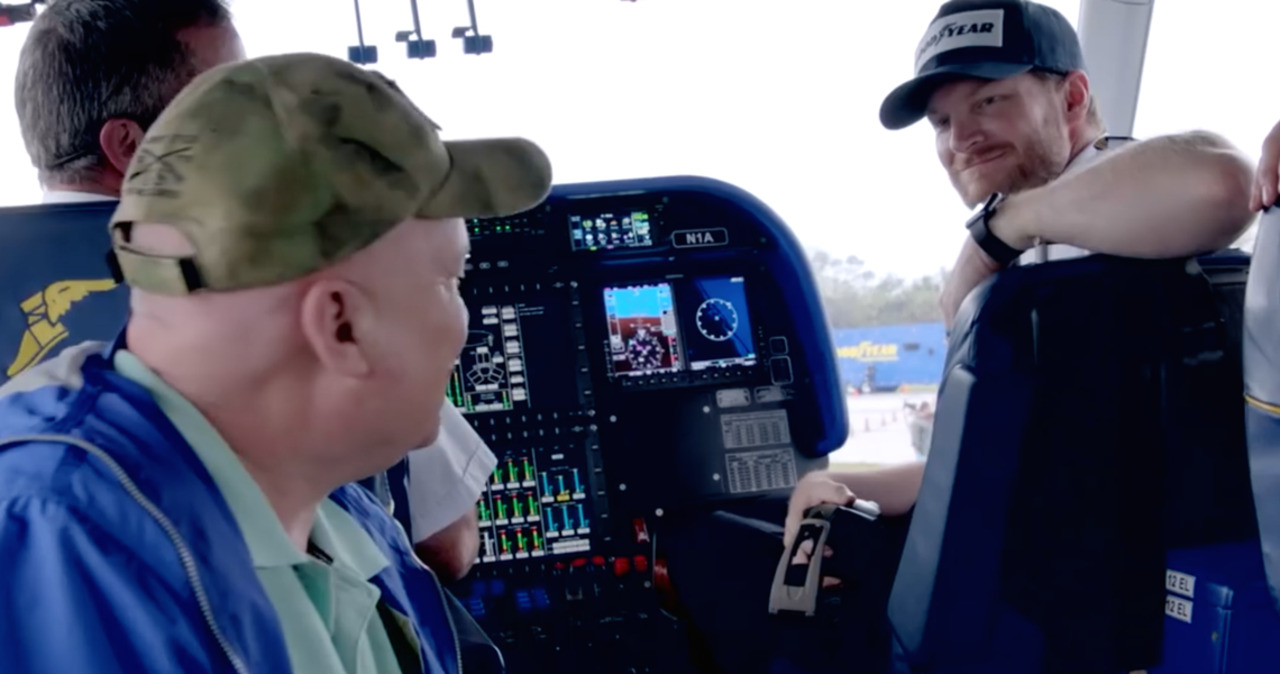 Dale Earnhardt Jr. takes the controls of a blimp to give a veteran a memorable ride