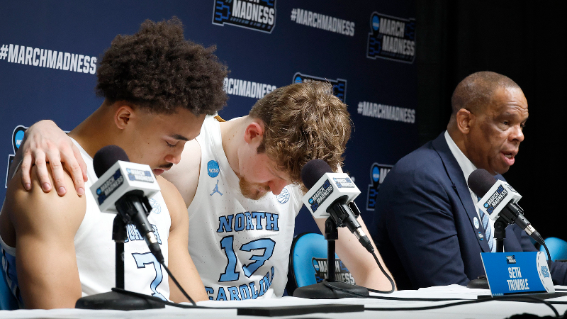 UNC's Hubert Davis speaks to reporters after NCAA Tournament loss to VCU